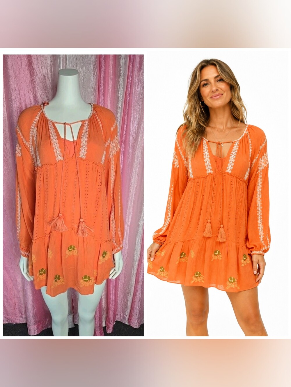 Free People Coral Embroidered Boho Festival Under Slip Tunic Dress Size Small